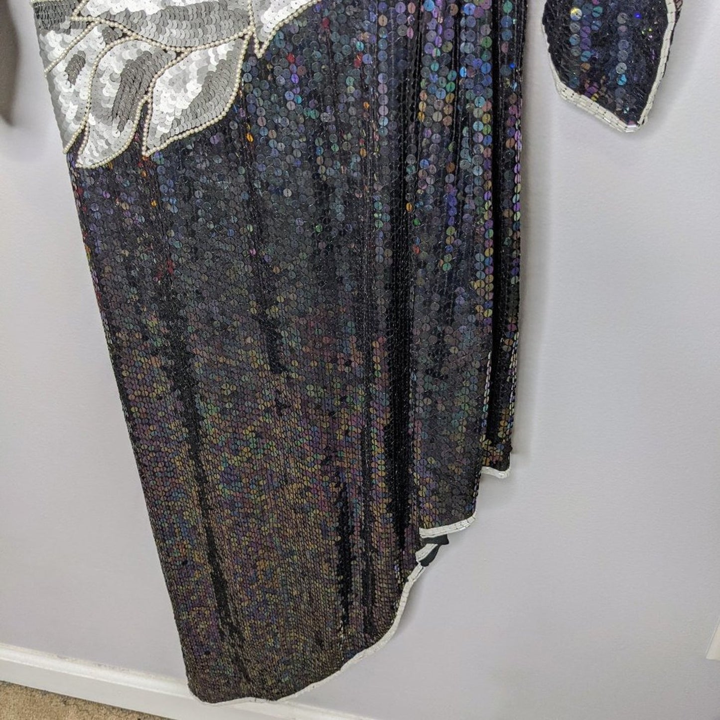 Vintage Dominique Silver Oil Slick Sequin Beaded Long Sleeve Maxi Dress Size S