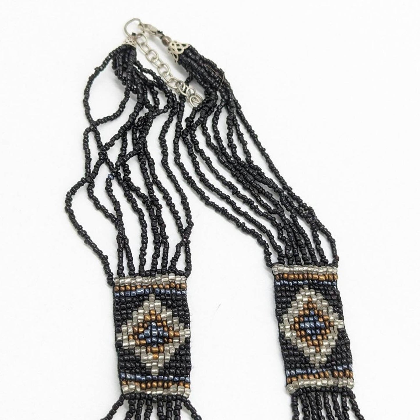 Black Seed Bead Long Multi Strand Necklace Fringe Geometric Adjustable Clasp