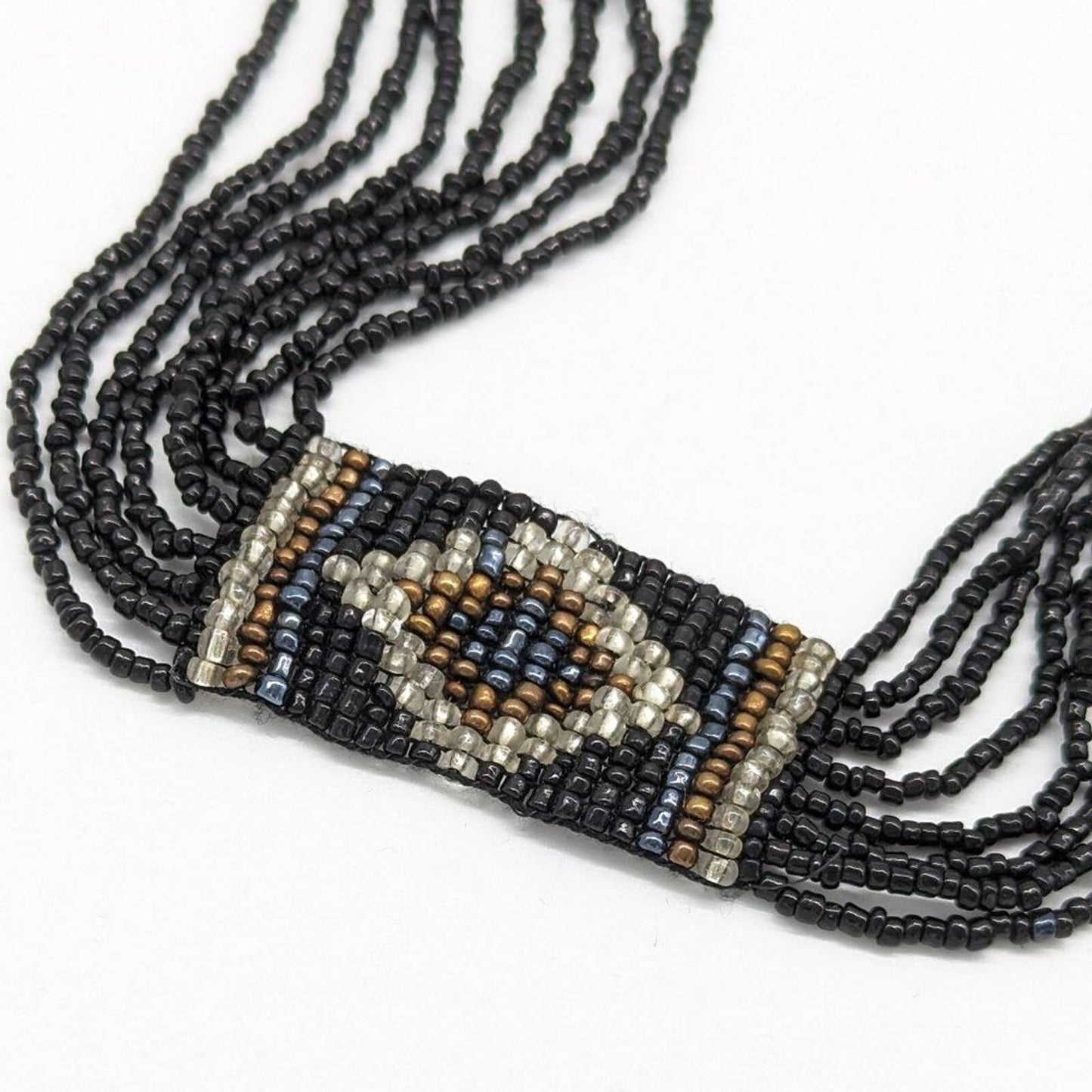 Black Seed Bead Long Multi Strand Necklace Fringe Geometric Adjustable Clasp