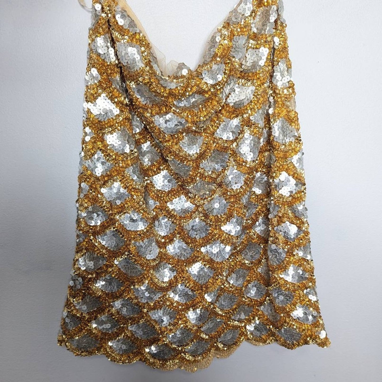 Jovani Gold Silver Sequin Two Piece Set Sleeveless Top Mini Skirt Scalloped Edge