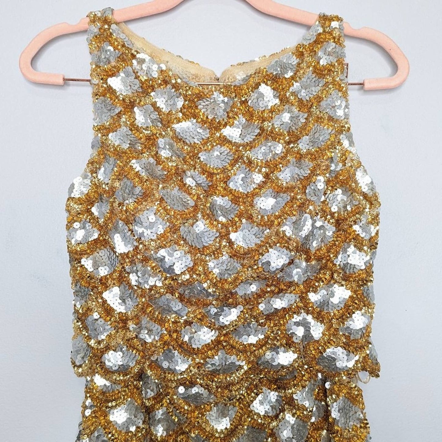 Jovani Gold Silver Sequin Two Piece Set Sleeveless Top Mini Skirt Scalloped Edge