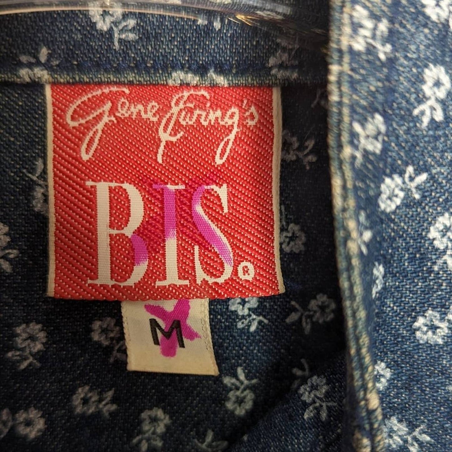 Gene Ewing Bis Vintage Blue Denim Jacket Floral Print Button Down Collared 80's