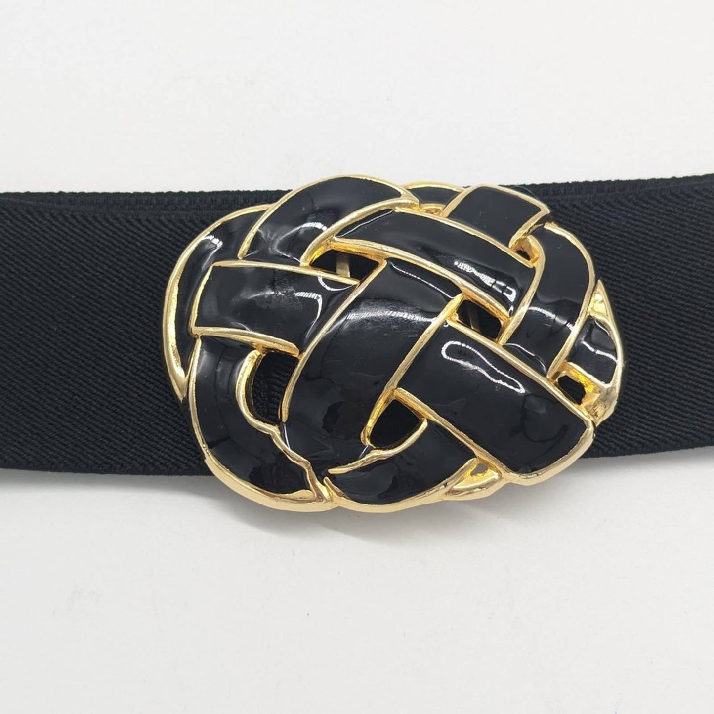 Vintage Day Lor Black Gold Elastic Fashion Belt 1980's Enamel Buckle Small