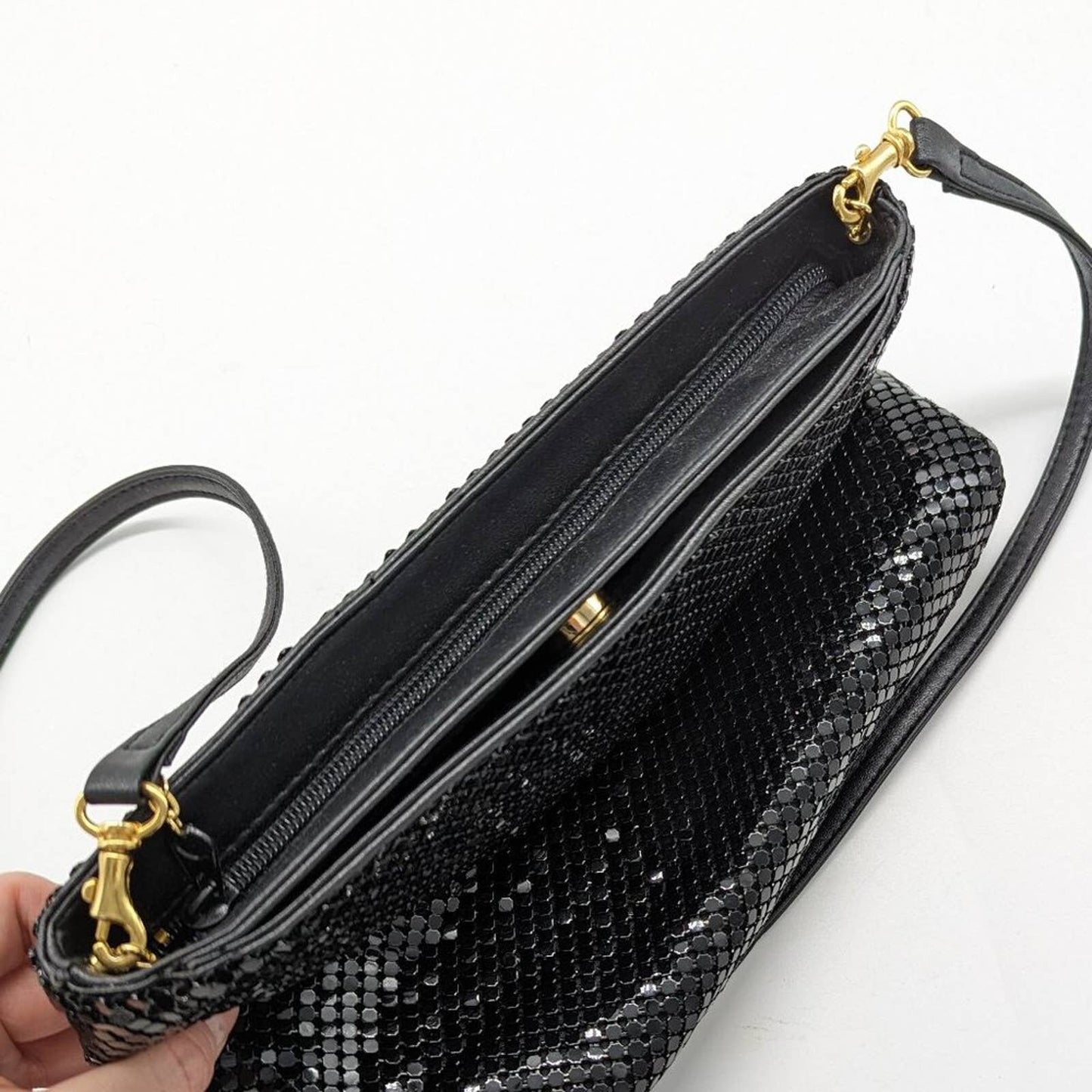 Whiting and Davis Vintage Black Metal Mesh Shoulder Bag Convertible Clutch Zip