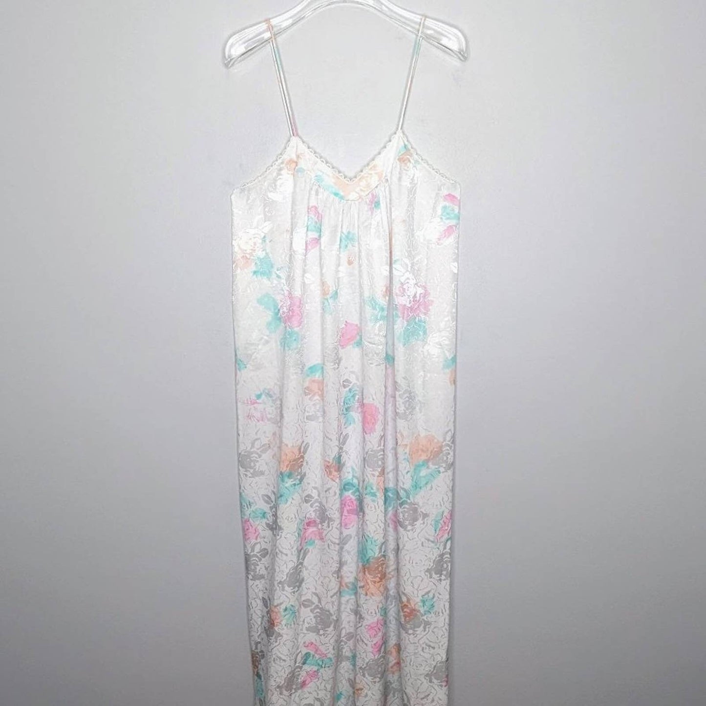 Mary McFadden Vintage White Satin Floral Print Maxi Slip Dress Nightgown Size M