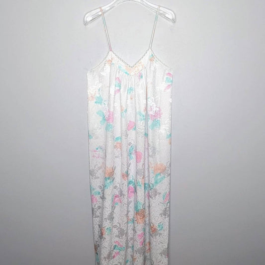 Mary McFadden Vintage White Satin Floral Print Maxi Slip Dress Nightgown Size M