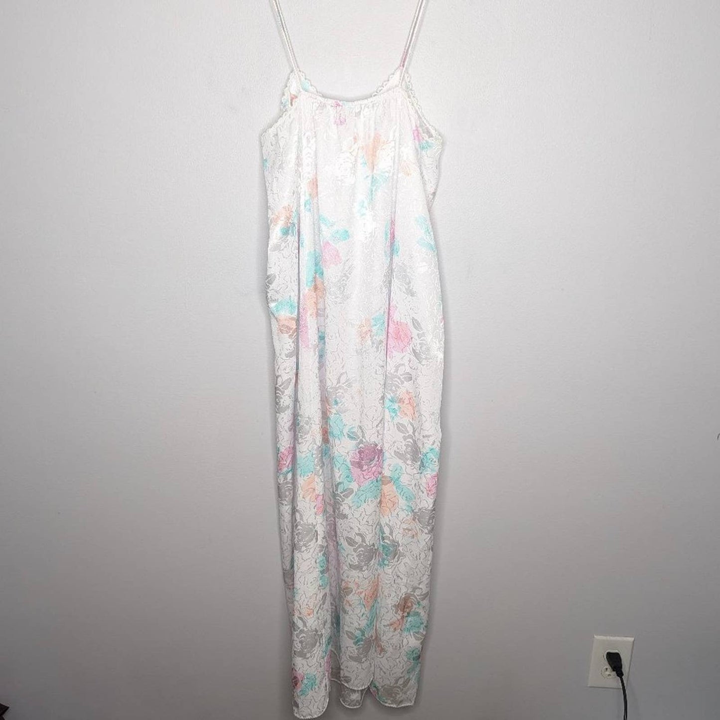 Mary McFadden Vintage White Satin Floral Print Maxi Slip Dress Nightgown Size M