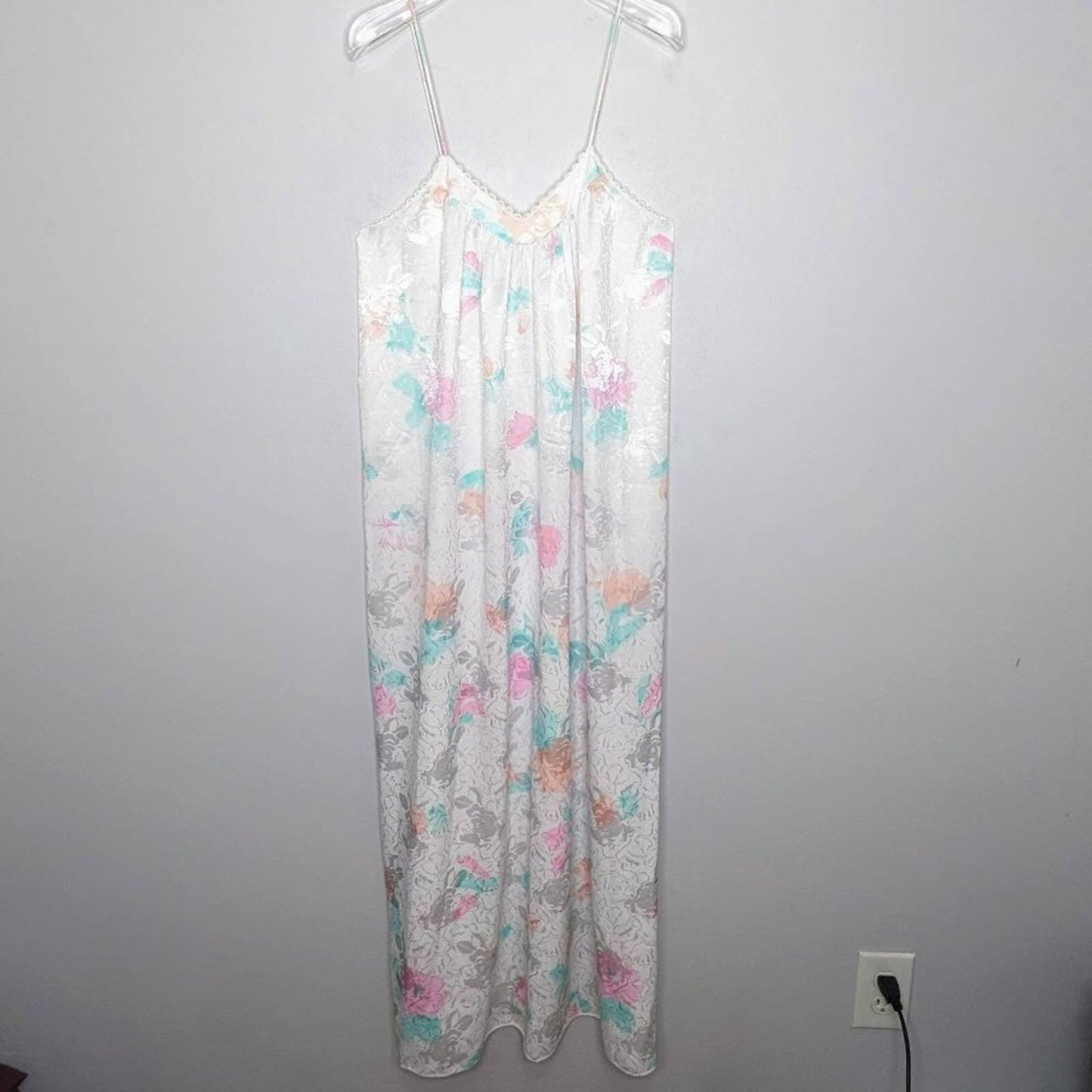 Mary McFadden Vintage White Satin Floral Print Maxi Slip Dress Nightgown Size M