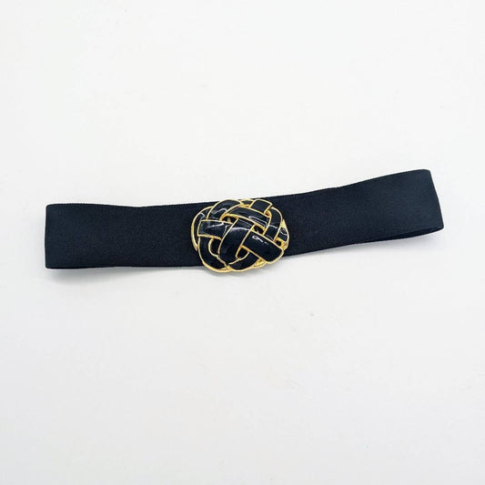 Vintage Day Lor Black Gold Elastic Fashion Belt 1980's Enamel Buckle Small