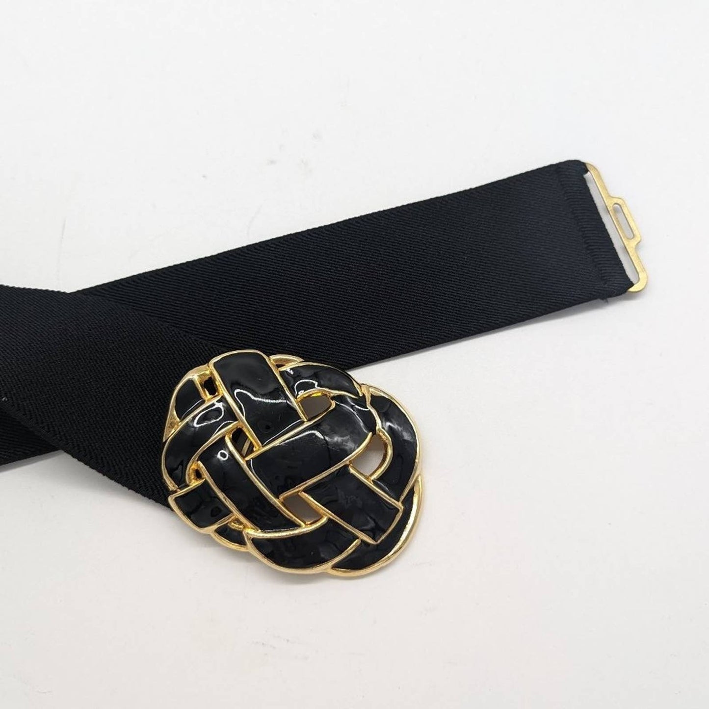 Vintage Day Lor Black Gold Elastic Fashion Belt 1980's Enamel Buckle Small