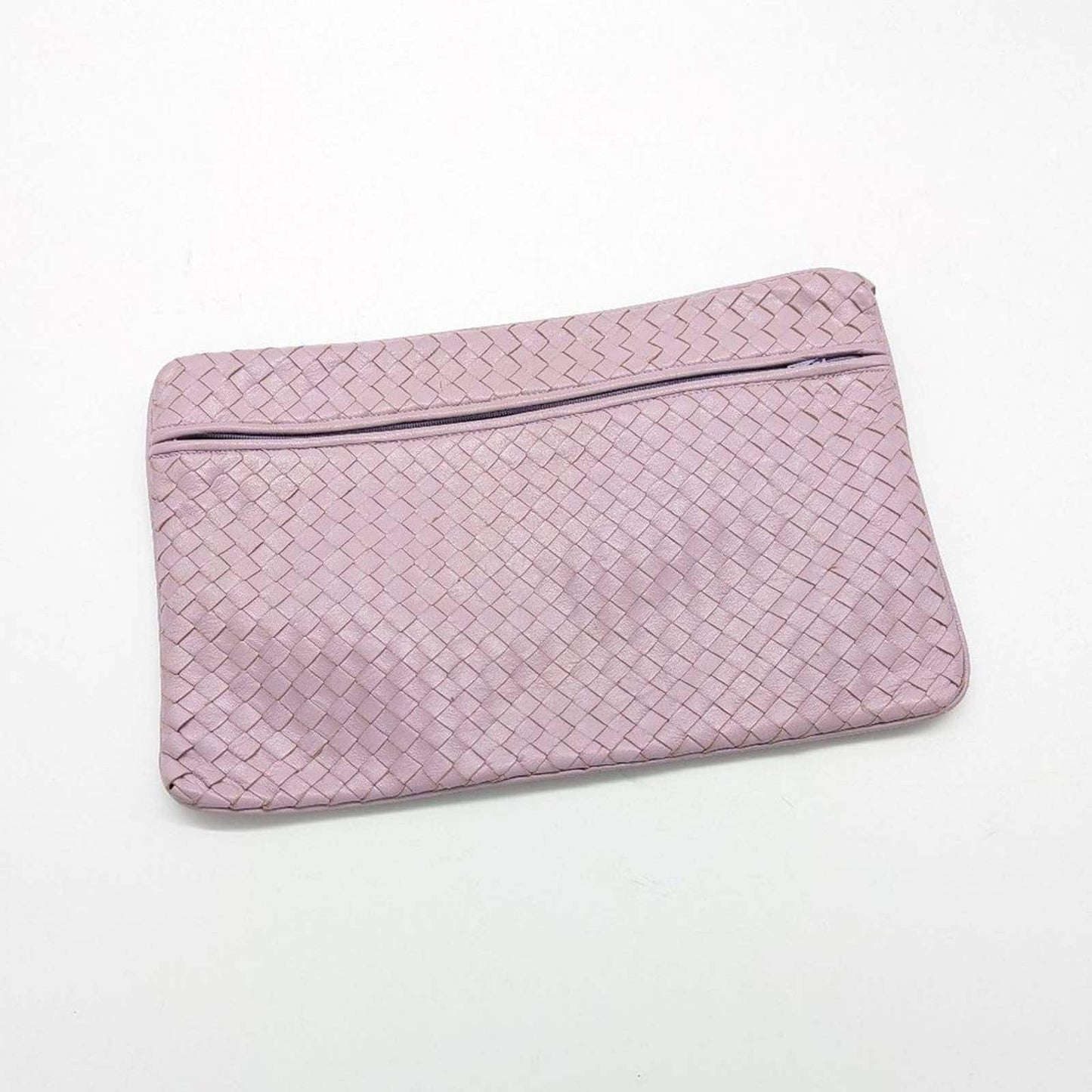 Gatto Vintage Pastel Purple Clutch Leather Basket Weave Wrist Strap Zip Close