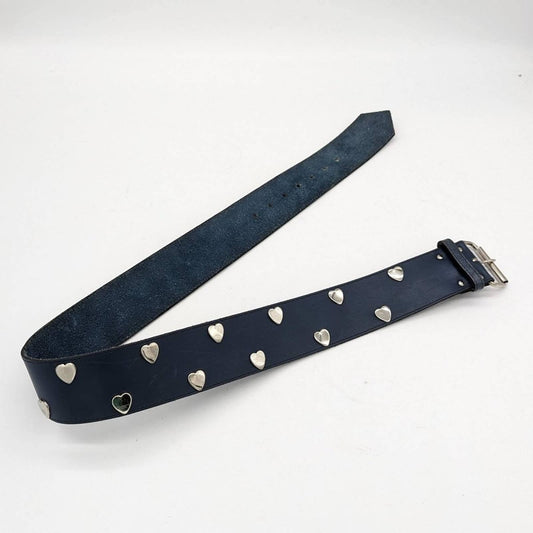 Vintage Ruza Navy Blue Leather Belt Silver Studded Hearts 80's Kidcore Whimsy