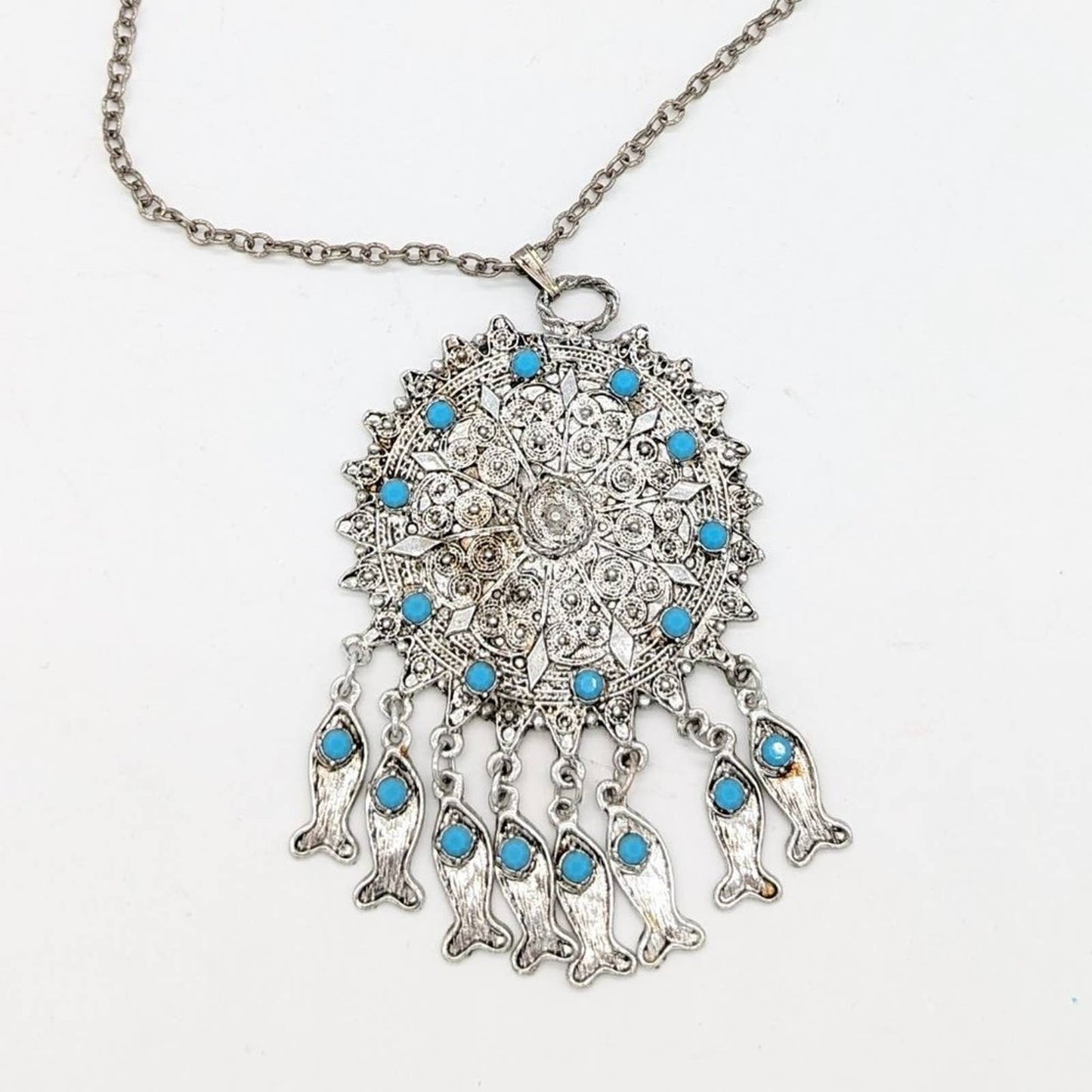 Vintage Costume Turquoise and Silver Medallion Pendant Necklace Fish Fringe