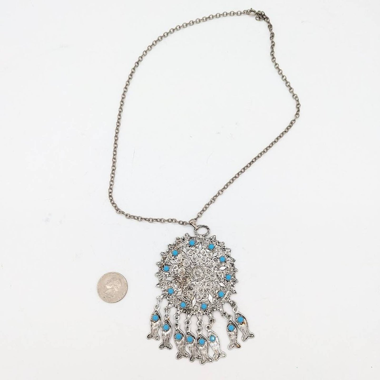 Vintage Costume Turquoise and Silver Medallion Pendant Necklace Fish Fringe