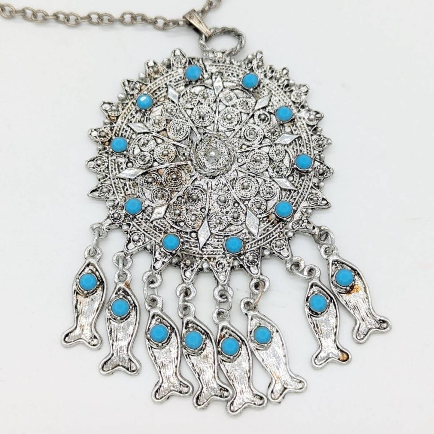 Vintage Costume Turquoise and Silver Medallion Pendant Necklace Fish Fringe