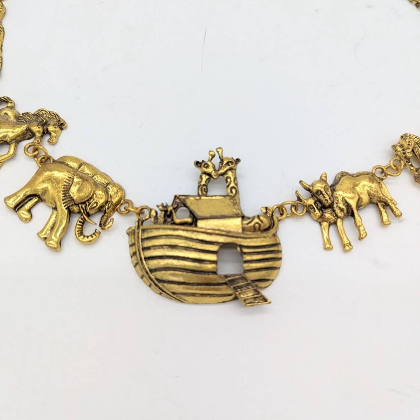 Gold Noah's Ark Statement Necklace Boat Giraffe Elephant Horse Zebra