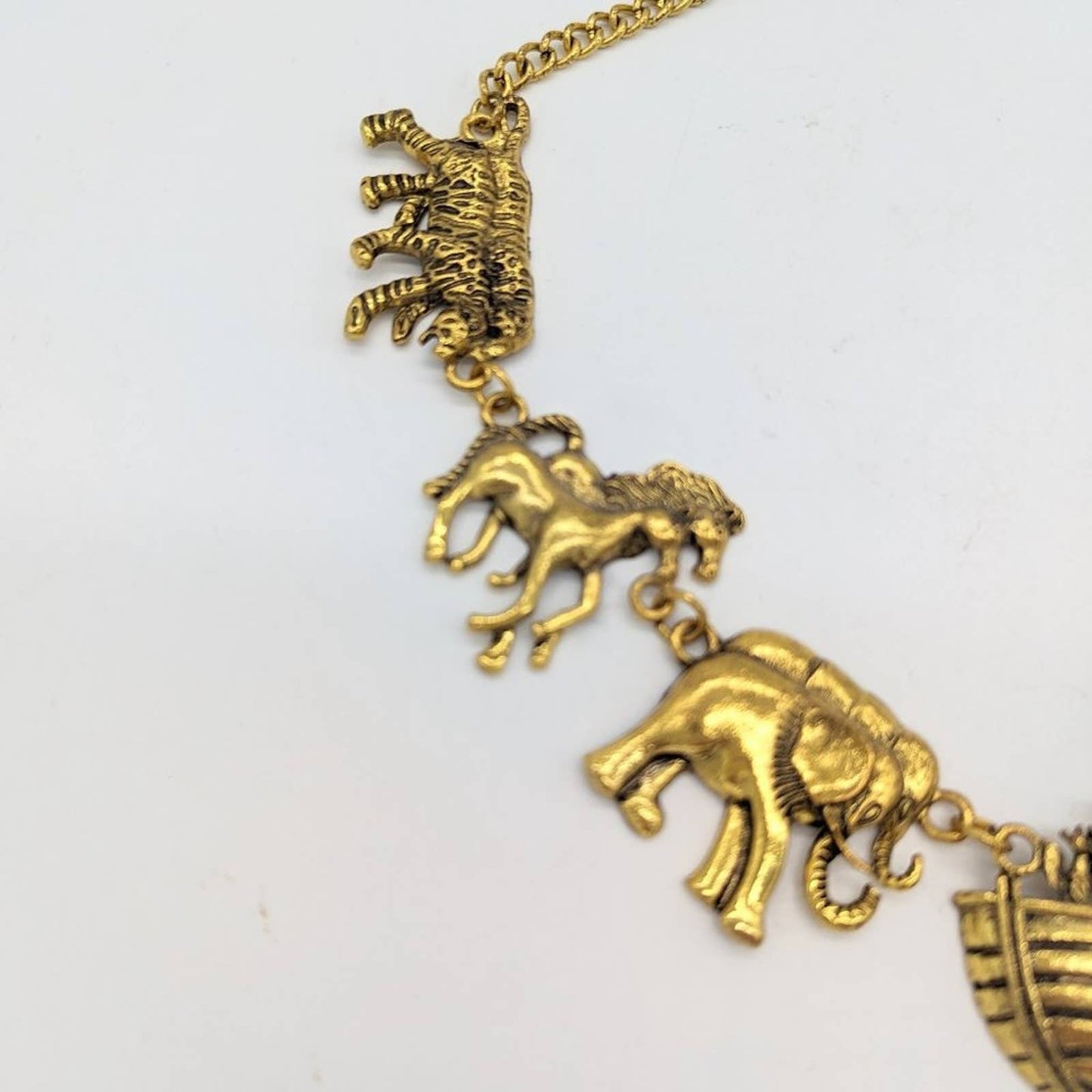 Gold Noah's Ark Statement Necklace Boat Giraffe Elephant Horse Zebra