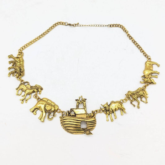 Gold Noah's Ark Statement Necklace Boat Giraffe Elephant Horse Zebra