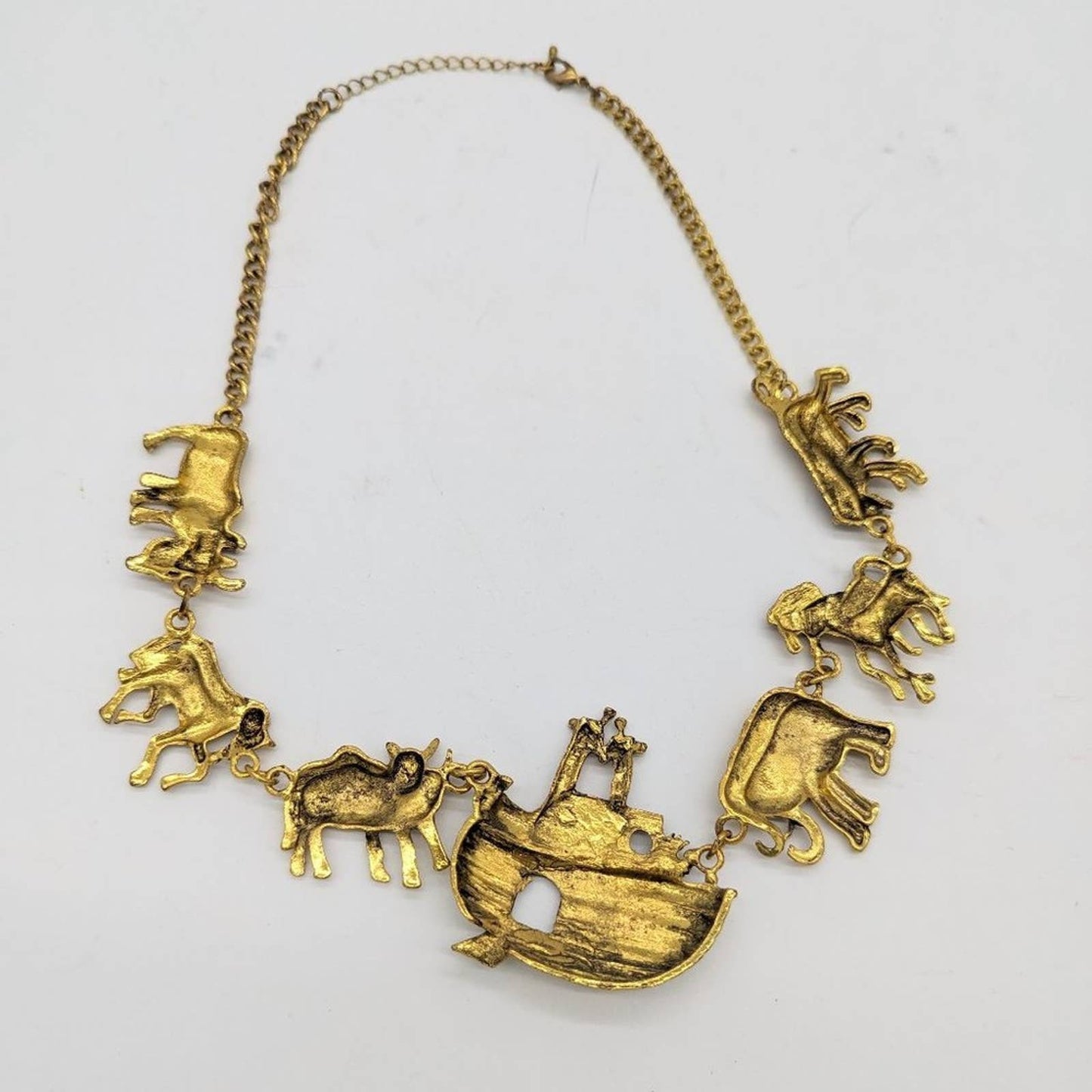 Gold Noah's Ark Statement Necklace Boat Giraffe Elephant Horse Zebra