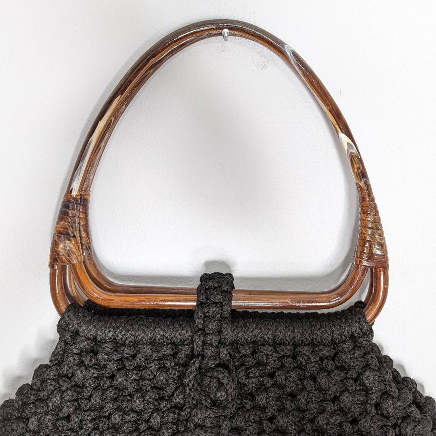 Vintage 1970's Black Large Macrame Shoulder Bag Crochet Beaded Plastic Handles