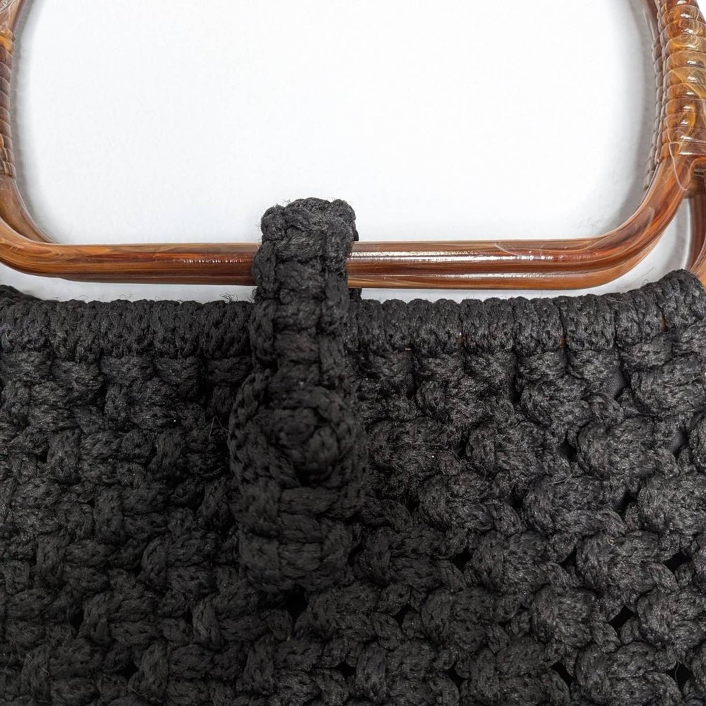 Vintage 1970's Black Large Macrame Shoulder Bag Crochet Beaded Plastic Handles