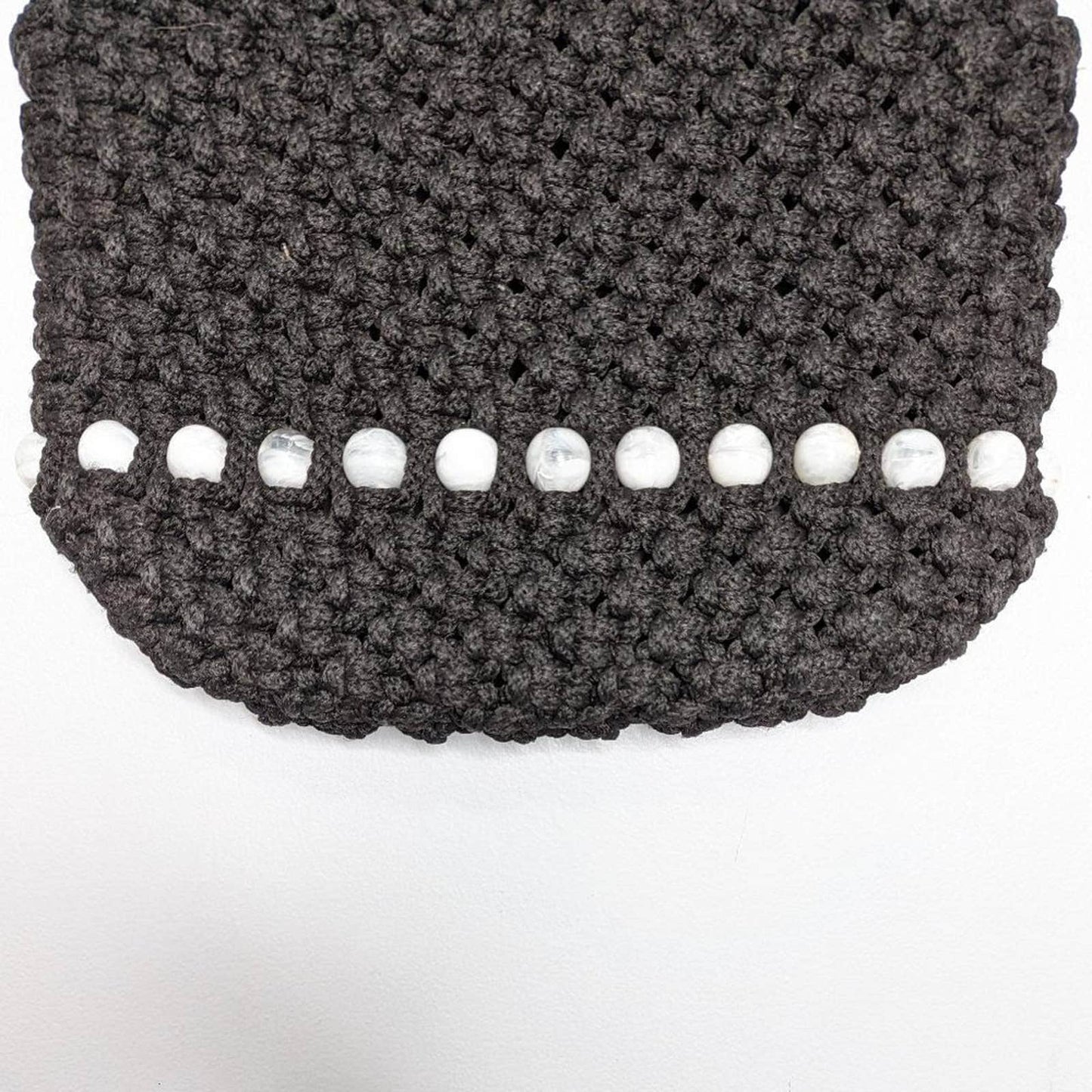 Vintage 1970's Black Large Macrame Shoulder Bag Crochet Beaded Plastic Handles