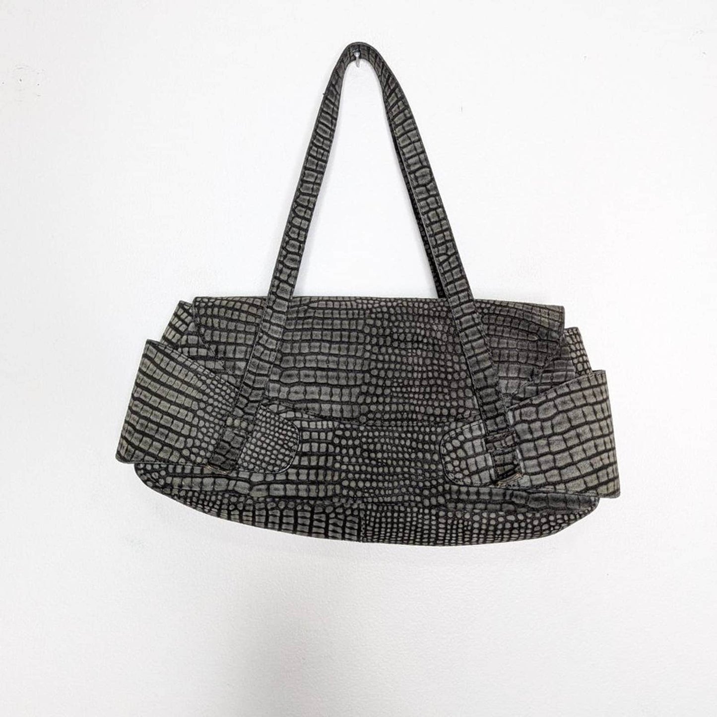 Paravidino Vintage Black Suede Leather Baguette Shoulder Bag Crocodile Pattern