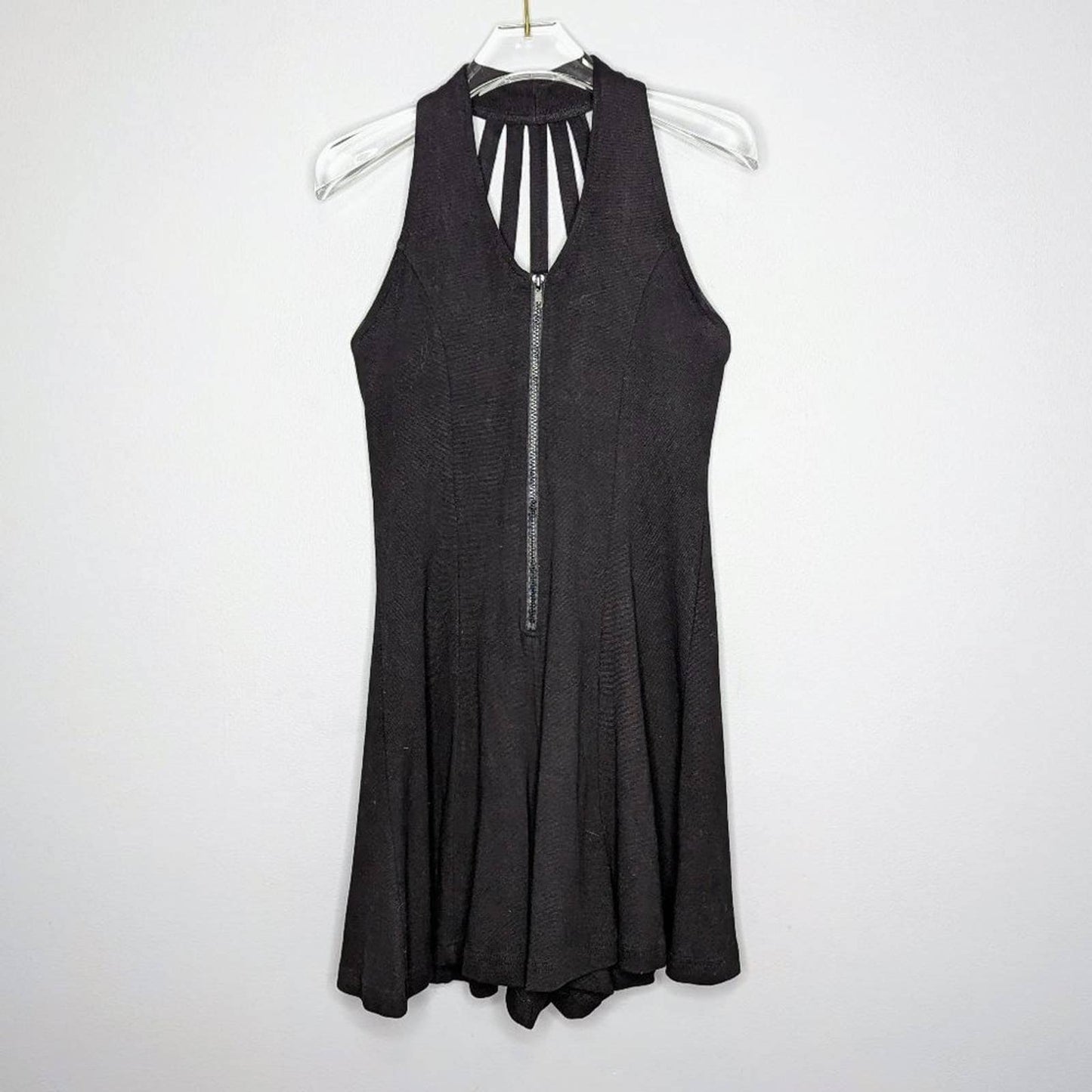 In Charge Vintage Black Sleeveless Romper Zip Front Strappy Back 90's Goth Rave