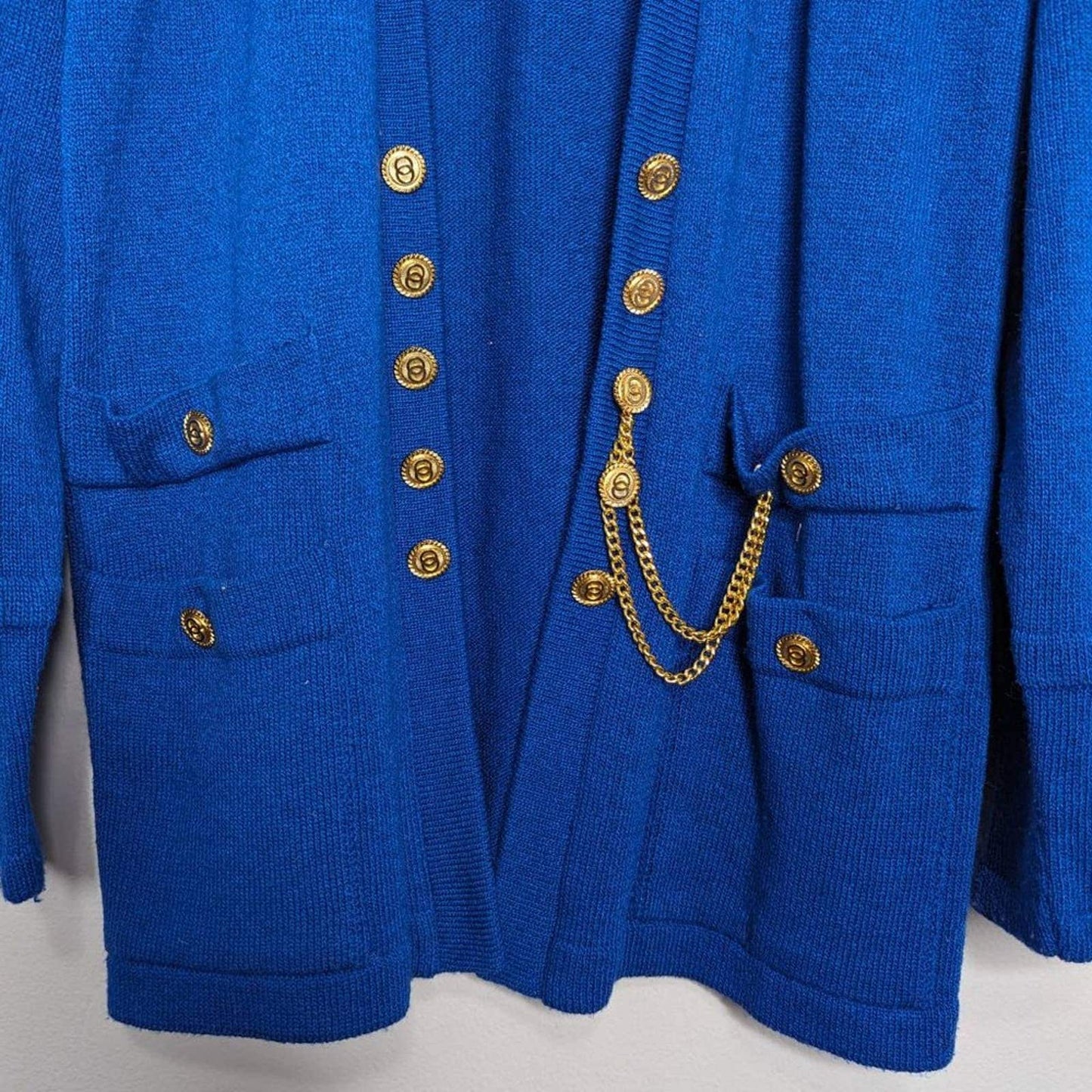 San Remo Vintage Royal Blue Open Front Cardigan Long Sleeve Gold Buttons Chain