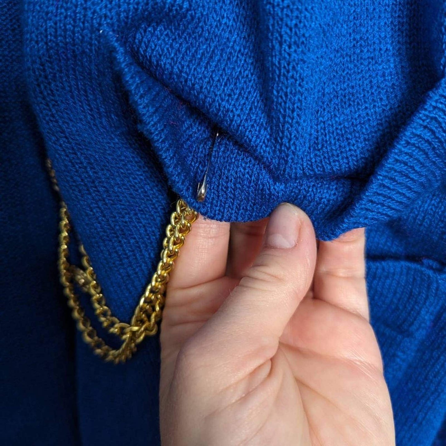 San Remo Vintage Royal Blue Open Front Cardigan Long Sleeve Gold Buttons Chain