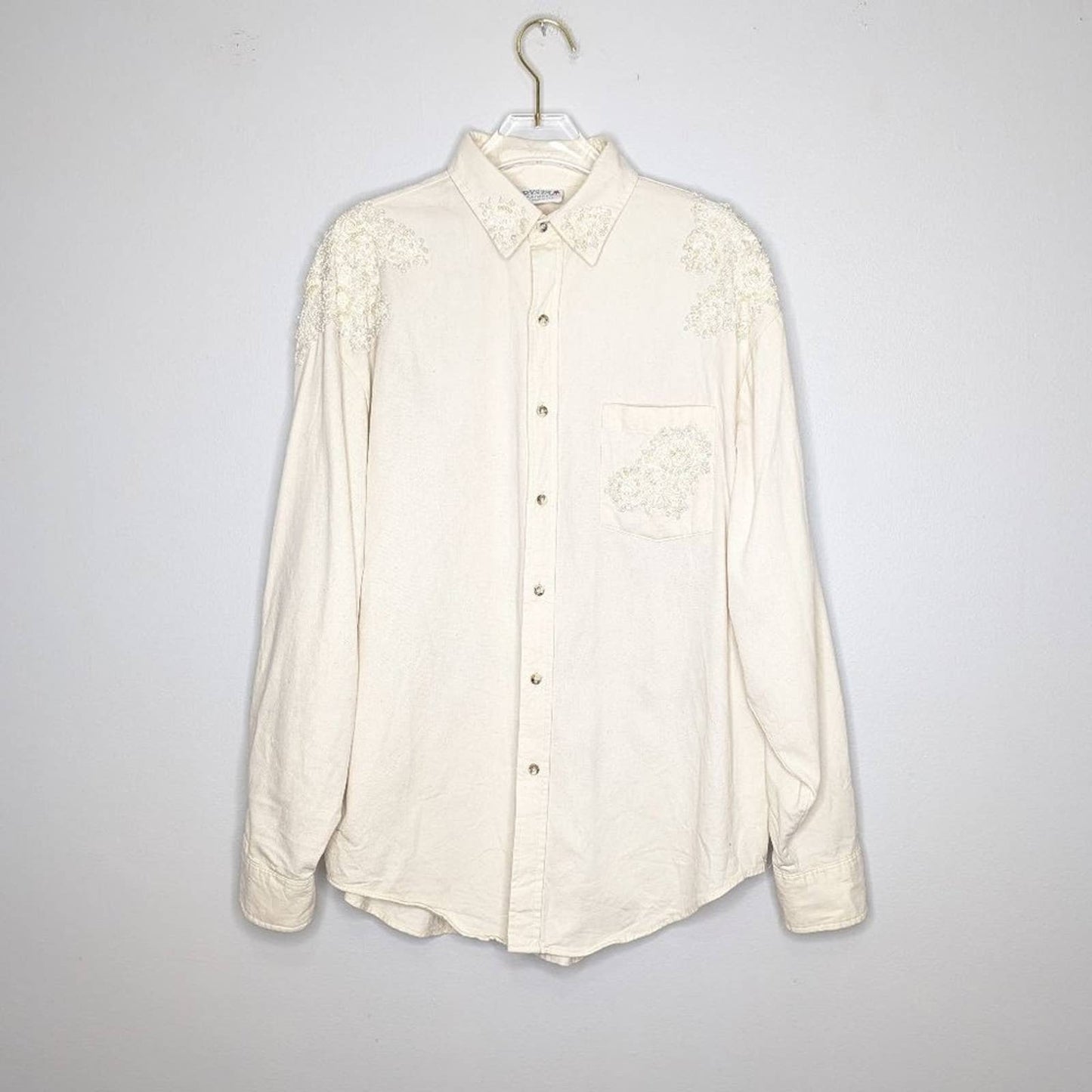 Crystal Springs Vintage Cream Long Sleeve Button Up Lace Appliqué Pearls Glitter