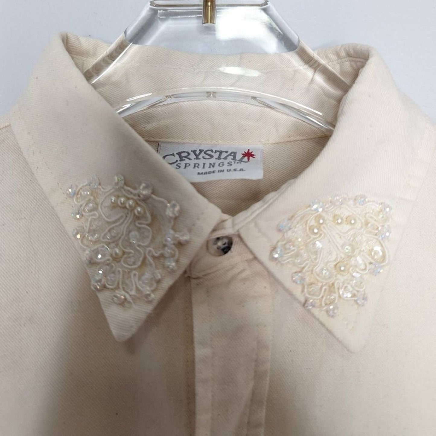 Crystal Springs Vintage Cream Long Sleeve Button Up Lace Appliqué Pearls Glitter