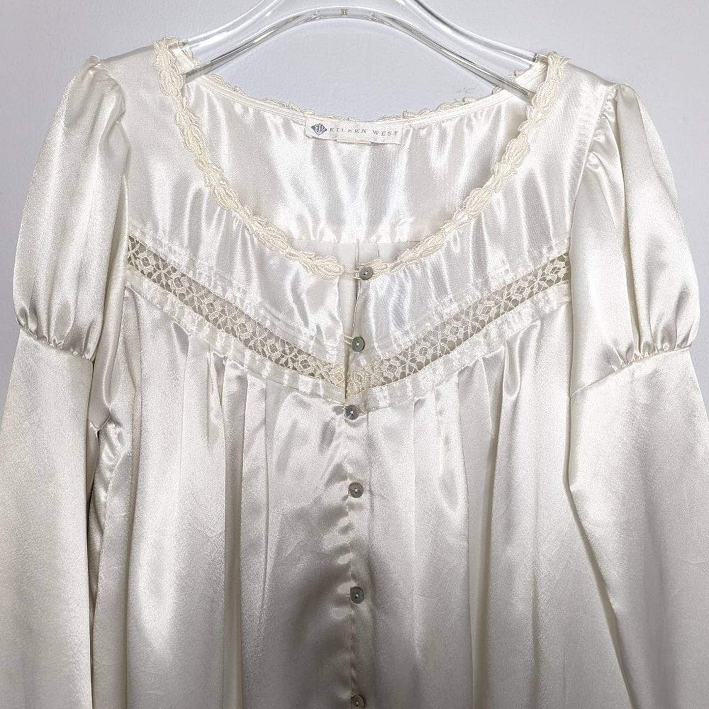 Eileen West Vintage White Satin Nightgown Long Sleeve Button Front Lace Trim 80s