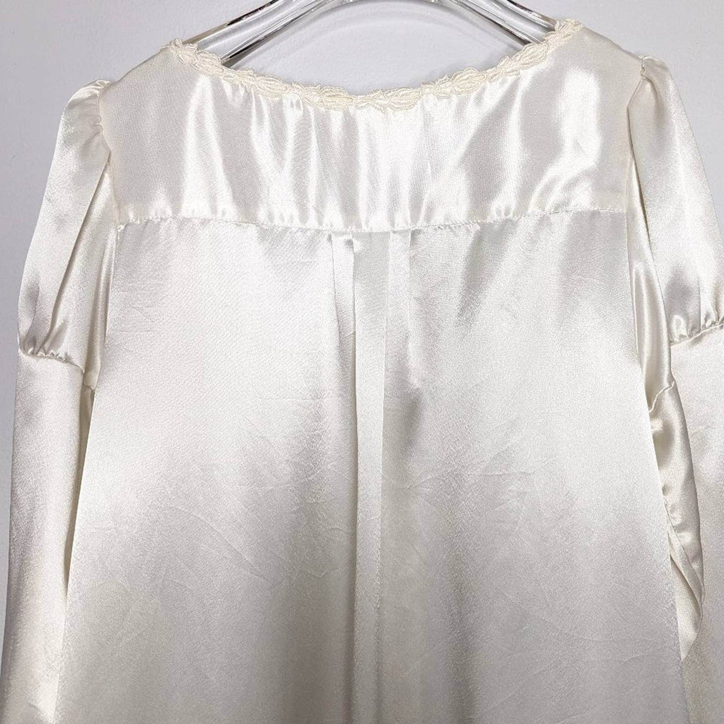 Eileen West Vintage White Satin Nightgown Long Sleeve Button Front Lace Trim 80s