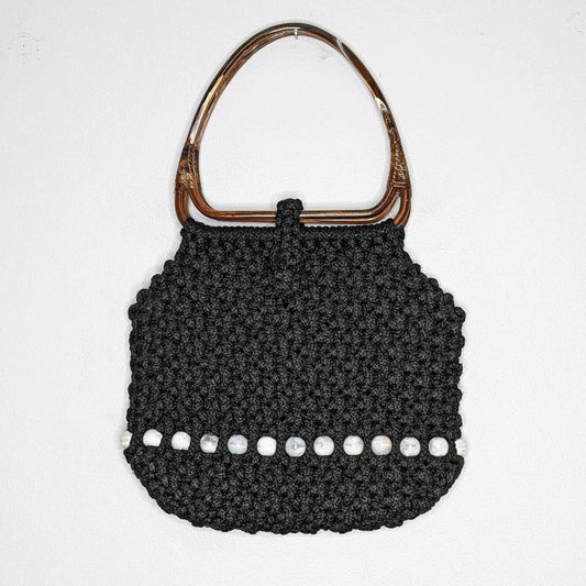 Vintage 1970's Black Large Macrame Shoulder Bag Crochet Beaded Plastic Handles