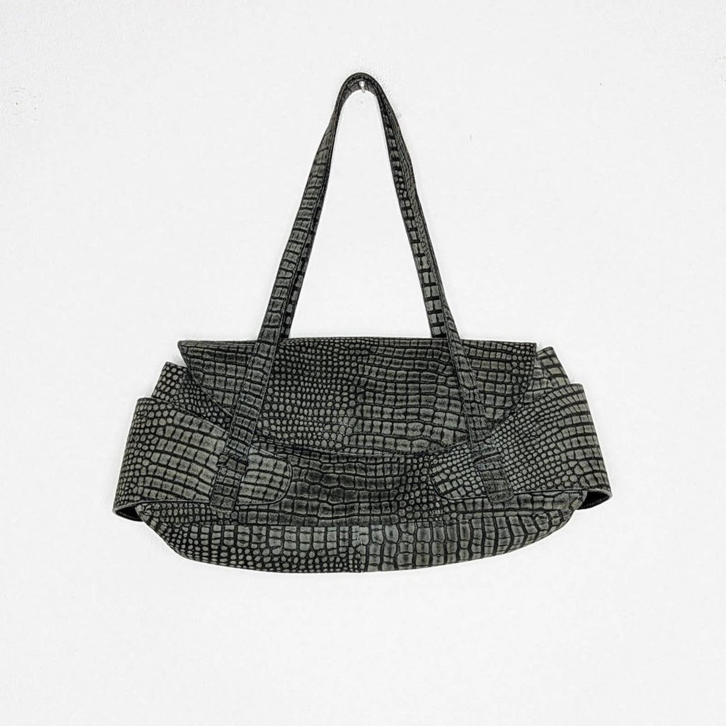 Paravidino Vintage Black Suede Leather Baguette Shoulder Bag Crocodile Pattern