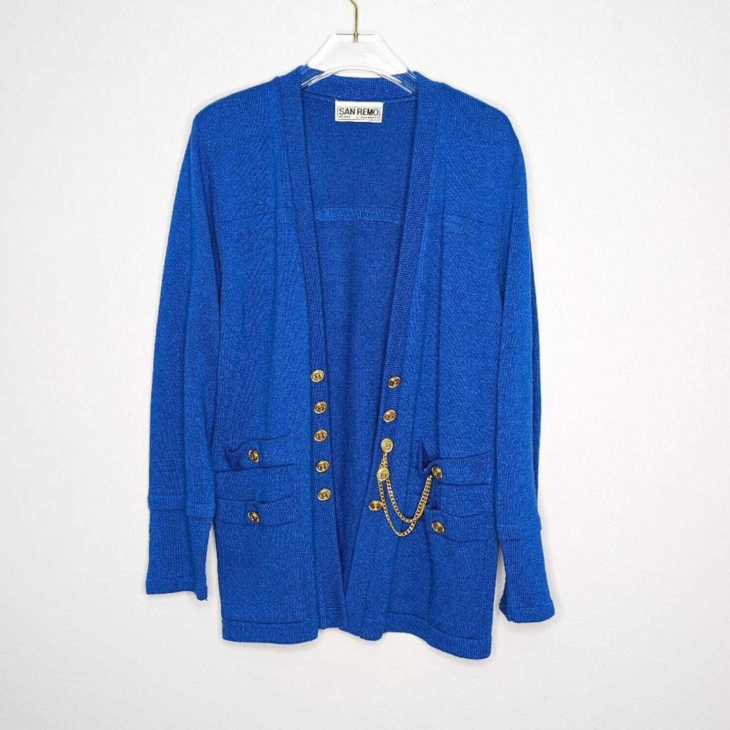 San Remo Vintage Royal Blue Open Front Cardigan Long Sleeve Gold Buttons Chain