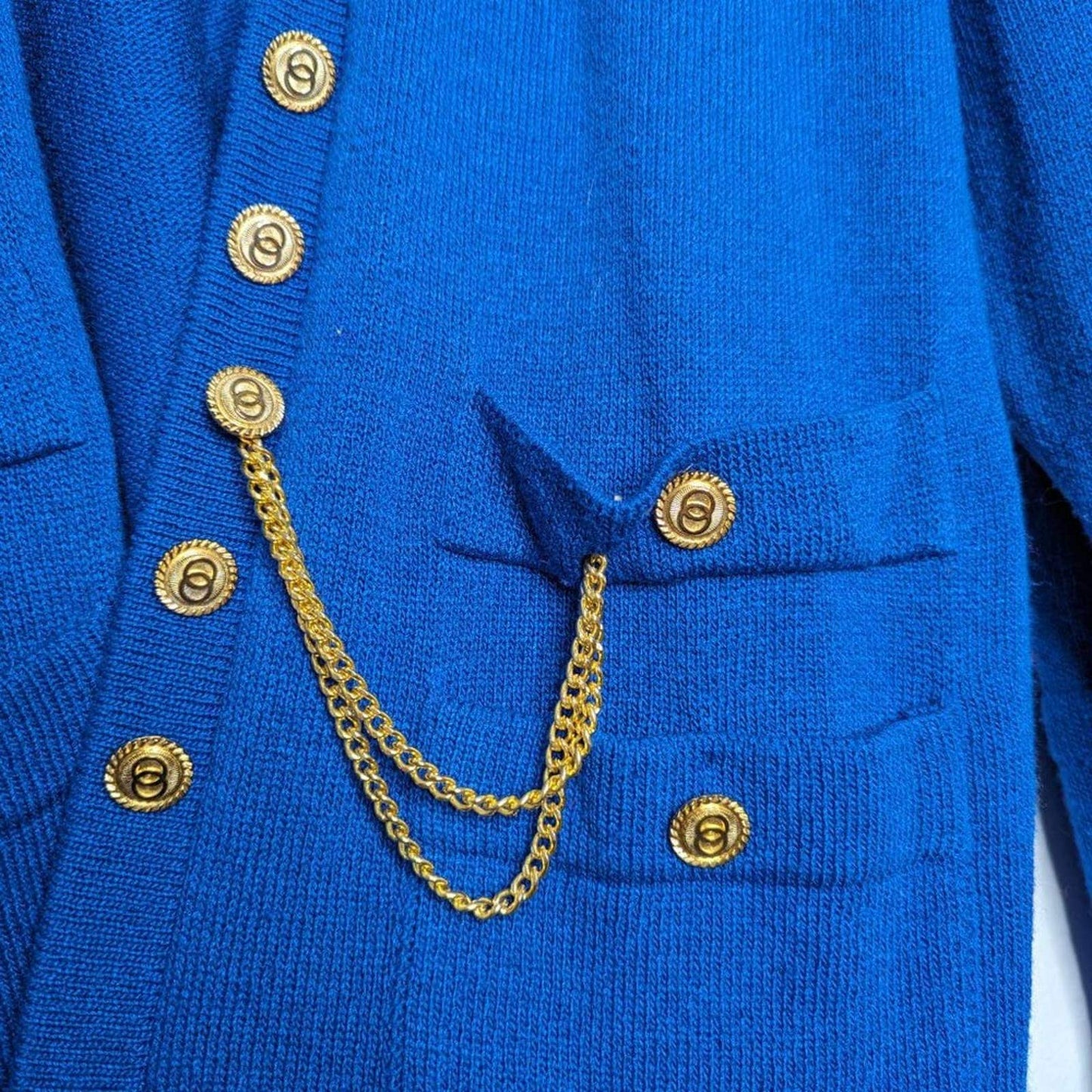 San Remo Vintage Royal Blue Open Front Cardigan Long Sleeve Gold Buttons Chain