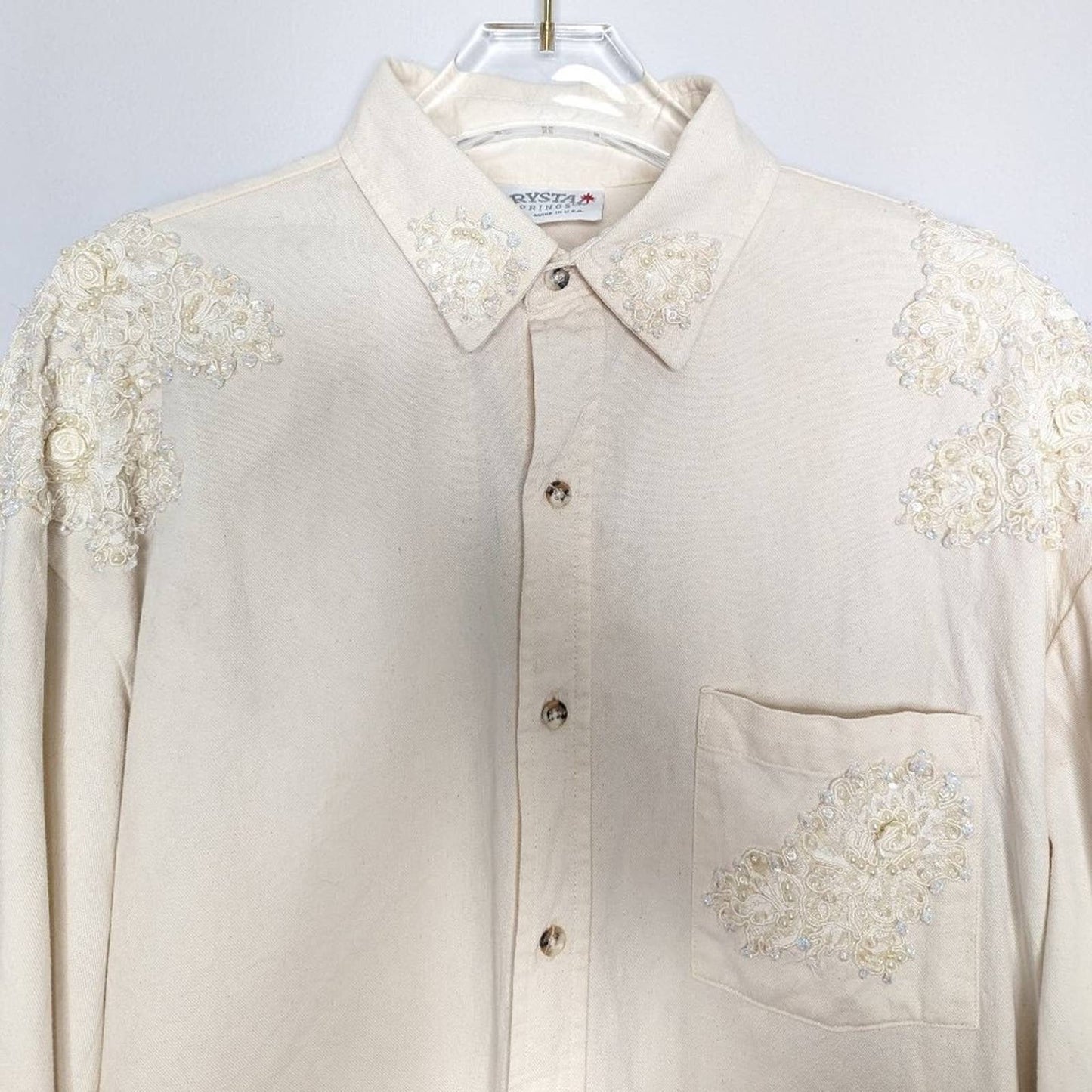 Crystal Springs Vintage Cream Long Sleeve Button Up Lace Appliqué Pearls Glitter