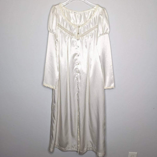 Eileen West Vintage White Satin Nightgown Long Sleeve Button Front Lace Trim 80s