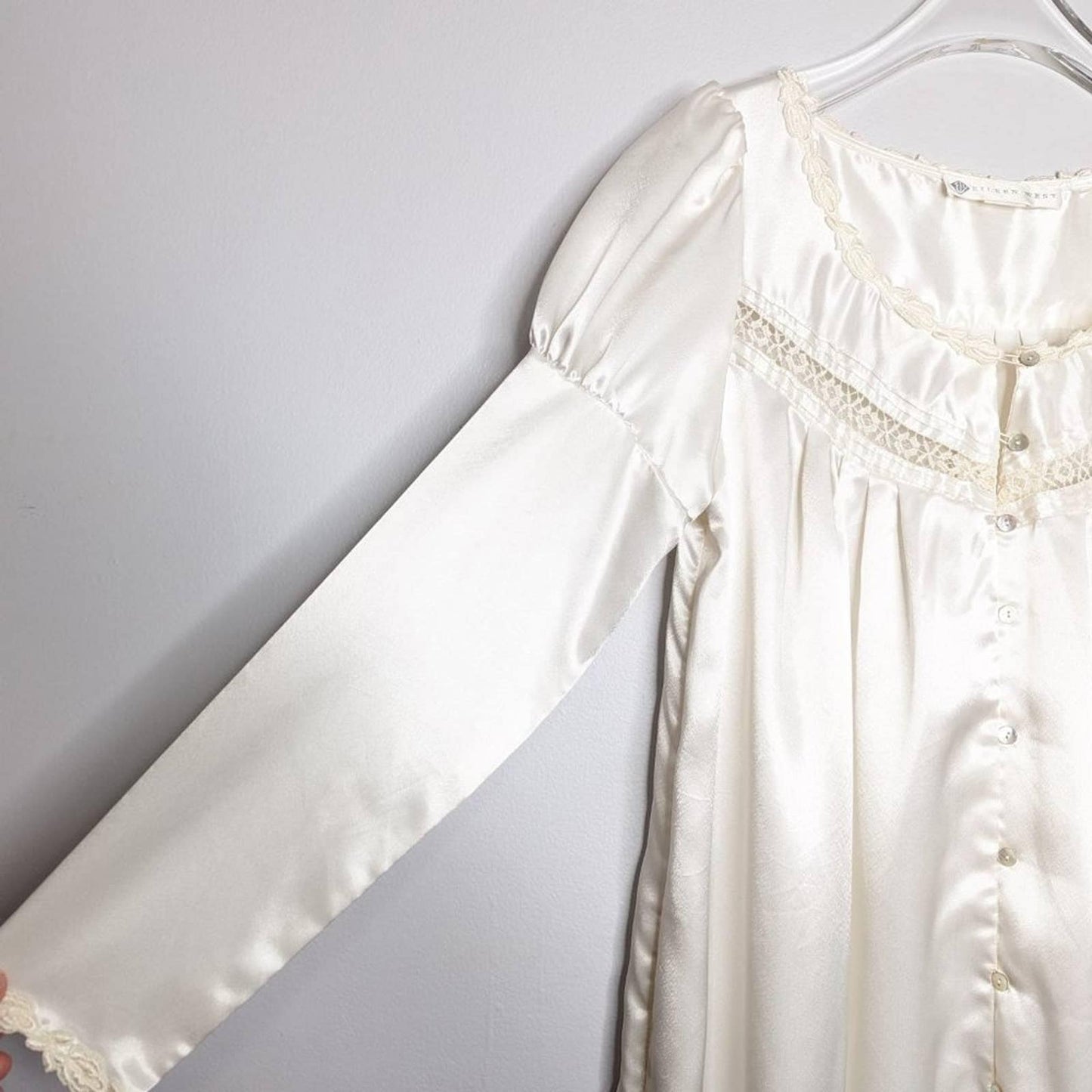 Eileen West Vintage White Satin Nightgown Long Sleeve Button Front Lace Trim 80s